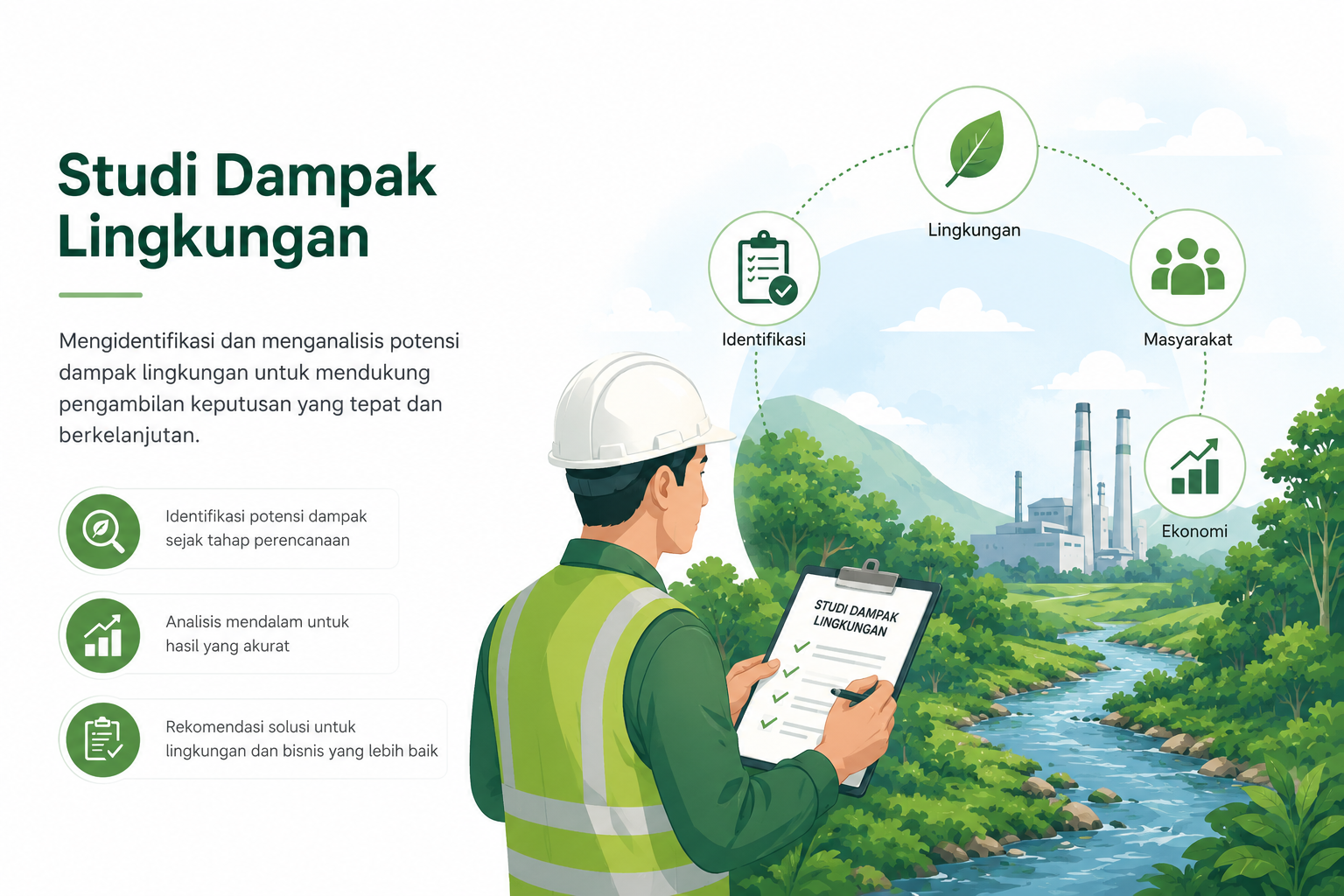 Ilustrasi studi dampak lingkungan untuk analisis AMDAL dan perencanaan pembangunan berkelanjutan